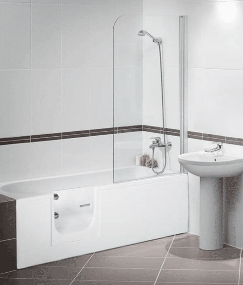 The image shows the left hand door entry option of the Abalone RV Shower Bath in a bathroom setting