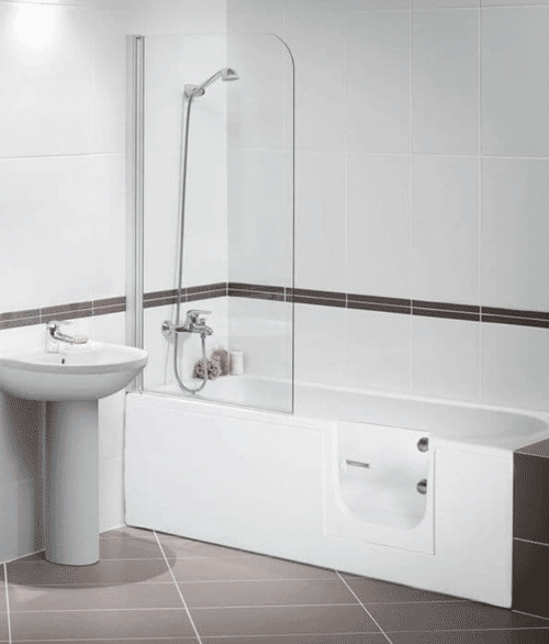 The image shows the right hand door entry option of the Abalone RV Shower Bath in a bathroom setting