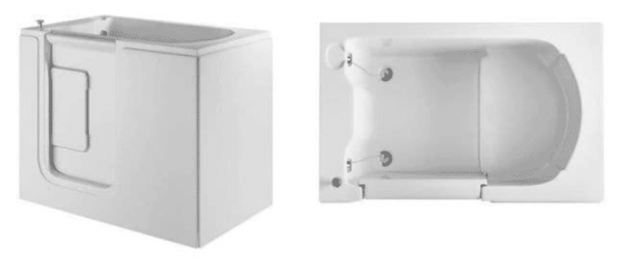 The image shows the Affinity Deep Soaker Bath from a side view and an aerial view