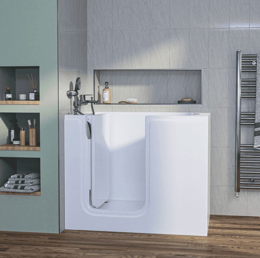 The image shows the Left Hand Affinity Deep Soaker Bath in a bathroom setting.