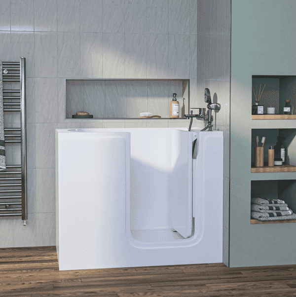The image shows the Right Hand Affinity Deep Soaker Bath in a bathroom setting.