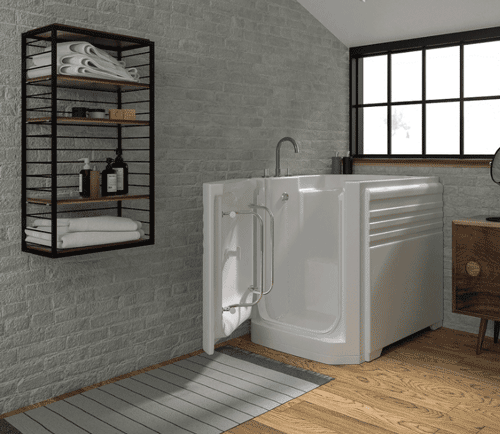 The image shows the left hanging option of the Ambiance Deep Soak Bath in a bathroom setting