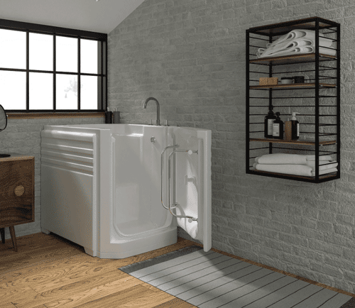 The image shows the right hanging option of the Ambiance Deep Soak Bath in a bathroom setting