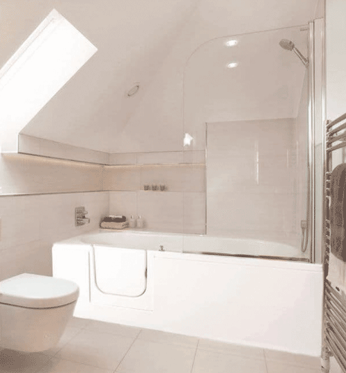 The image shows the left hand door entry option for the Avril RV Shower Bath in a bathroom setting