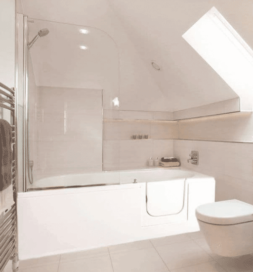 The image shows the right hand door entry option of the Avril RV Shower Bath in a bathroom setting