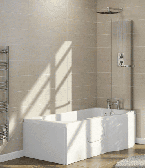 The image shows the left hand door entry option of the Calypso Shower Bath in a bathroom setting