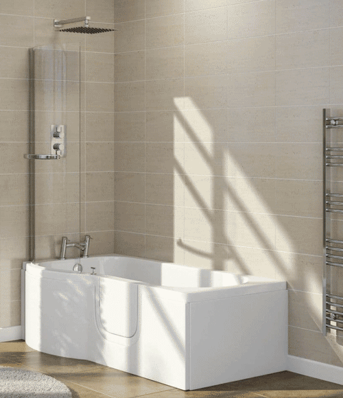 The image shows the right hand door entry option of the Calypso Shower Bath in a bathroom setting
