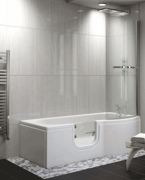 The image shows the left hand door entry option for the Carnelian Shower Bath in a bathroom setting