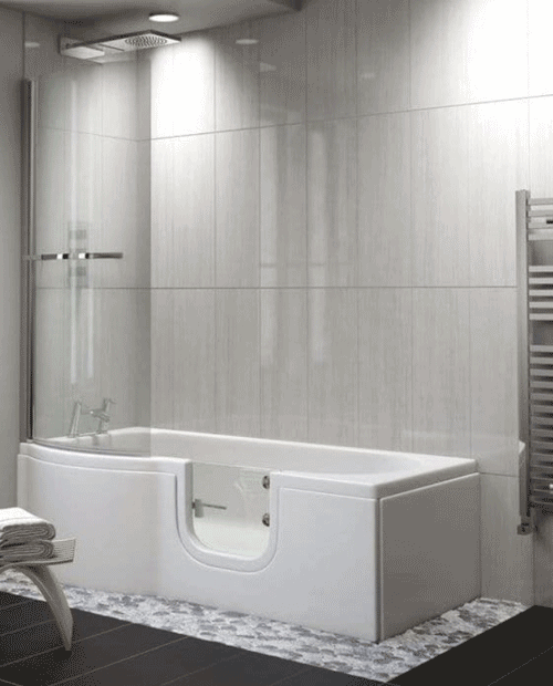 The image shows the right hand door entry option for the Carnelian Shower Bath in a bathroom setting