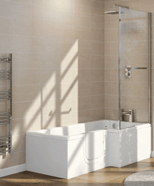 The image shows the left hand door entry option for the Highgrove Shower Bath in a bathroom setting