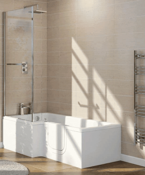 The image shows the right hand door entry Highgrove Shower Bath in a bathroom setting