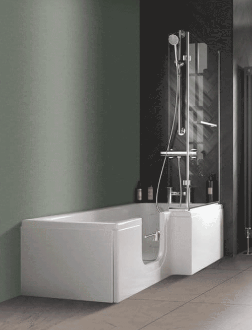 The image shows the left hand door entry option for the Larimar Shower Bath in a bathroom setting