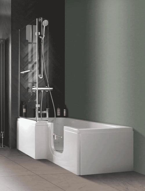 The image shows the right hand door entry option for the Larimar Shower Bath in a bathroom setting